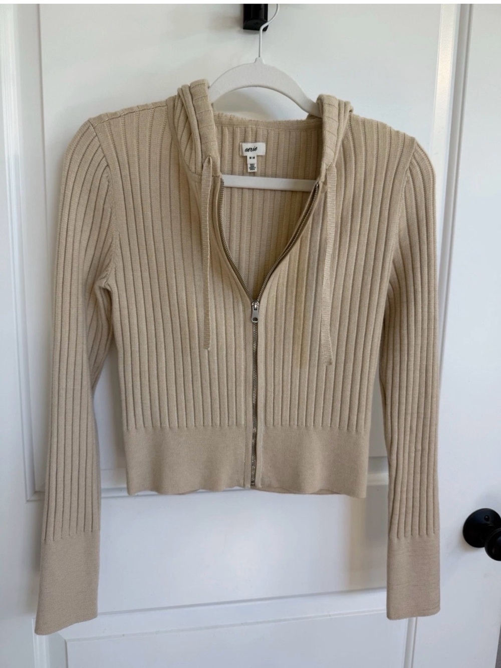 aerie Ribbed Zip Hoodie Sweater in Beige